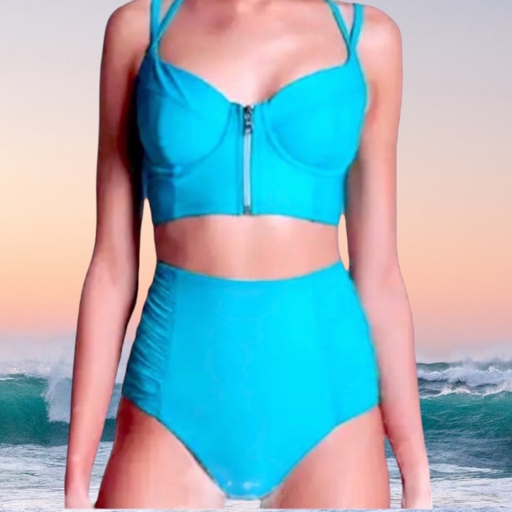 Miraclesuit Bikini Top Only Size 10 Jade FNT Zip Long Line Adjustable Swim